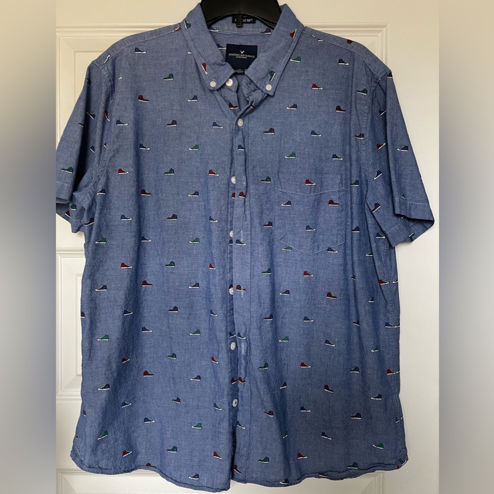 AEO men’s button down - Denim look with high top shoes.
